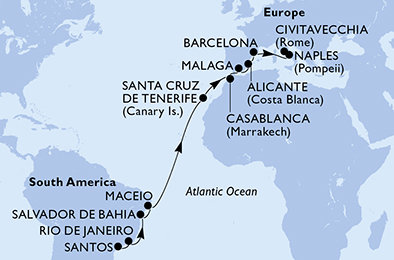 Brazílie, Španělsko, Maroko, Itálie ze Santosu na lodi MSC Divina