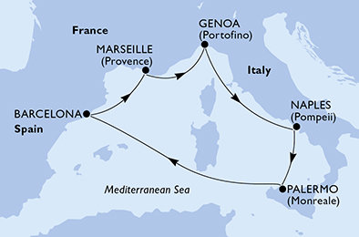 Španělsko, Francie, Itálie z Barcelony na lodi MSC Seashore