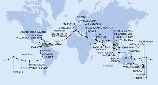 Španělsko, Zámořské území Velké Británie, Bahamy, Panama, , Ekvádor, Peru, Chile, Francouzská Polynésie, Tonga, Nová Kaledonie, Nový Zéland, Austrálie, Indonésie, Vietnam, Thajsko, Kambodža, Singapur, Malajsie, Srí Lanka, Indie, Spojené arabské emiráty, Omán, Jordánsko, Egypt, Itálie, Francie z Barcelony na lodi MSC Magnifica