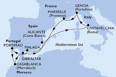 Itálie, Francie, Španělsko, Portugalsko, Maroko, Velká Británie z Janova na lodi MSC Sinfonia