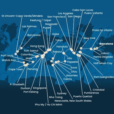 Španělsko, Portugalsko, USA, Bahamy, Panama, Kostarika, Guatemala, Mexiko, Francouzská Polynésie, Fidži, Nová Kaledonie, Austrálie, Papua Nová Guinea, Japonsko, Jižní Korea, Tchaj-wan, Čína, Vietnam, Thajsko, Singapur, Malajsie, Srí Lanka, Maledivy, Mauricius, Jihoafrická republika, Namibie, Kapverdy z Barcelony na lodi Costa Deliziosa