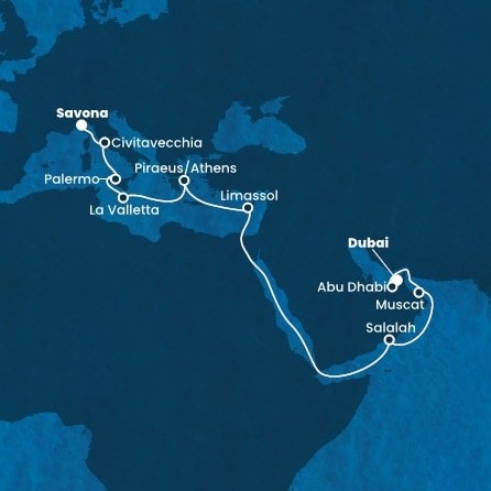 Spojené arabské emiráty, Omán, Kypr, Řecko, Malta, Itálie z Dubaje na lodi Costa Toscana