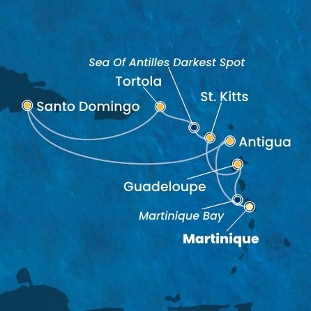 Martinik, Guadeloupe, Svatý Kryštof a Nevis, Britské Panenské ostrovy, Dominikánská republika, Antigua a Barbuda z Fort-de-France na lodi Costa Favolosa