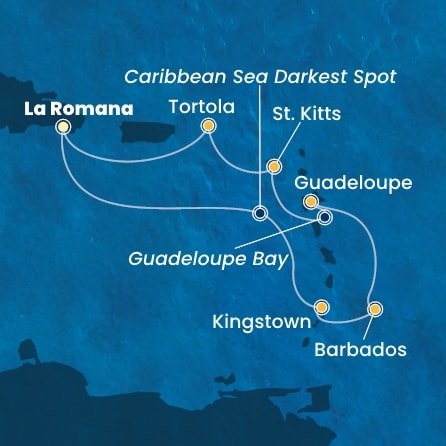 Dominikánská republika, Svatý Vincenc a Grenadiny, Barbados, Guadeloupe, Svatý Kryštof a Nevis, Britské Panenské ostrovy z La Romany na lodi Costa Fascinosa