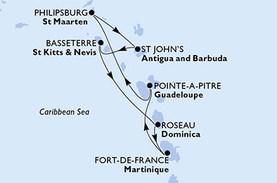 Martinik, Guadeloupe, Svatý Martin, Antigua a Barbuda, Svatý Kryštof a Nevis, Dominika z Fort-de-France na lodi MSC World Asia