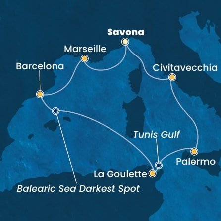 Itálie, Francie, Španělsko, Tunisko ze Savony na lodi Costa Toscana