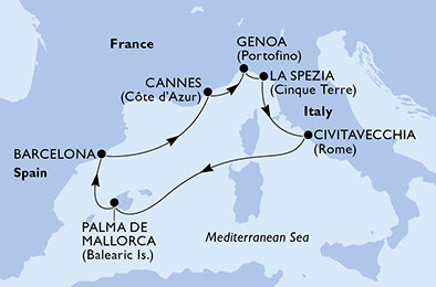 Španělsko, Francie, Itálie z Palmy de Mallorca na lodi MSC Grandiosa