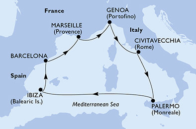 Itálie, Španělsko, Francie z Palerma na lodi MSC Seaview