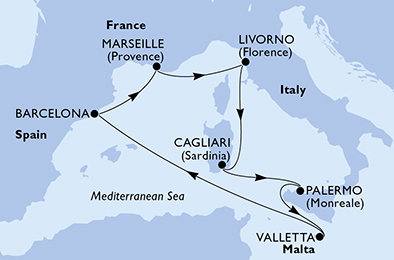Malta, Španělsko, Francie, Itálie z Valletty na lodi MSC Splendida