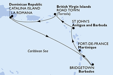 Dominikánská republika, Barbados, Martinik, Antigua a Barbuda, Britské Panenské ostrovy z La Romany na lodi MSC Opera