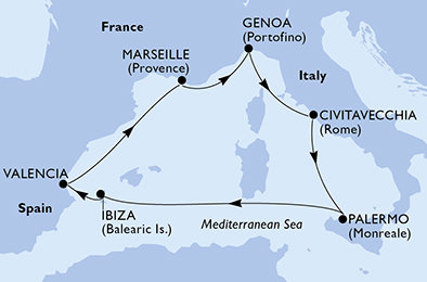 Itálie, Španělsko, Francie z Civitavecchia na lodi MSC Musica