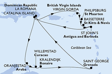 Dominikánská republika, Aruba, Curacao, Bonaire, Grenada, Zámořské území Velké Británie, Svatý Martin, Svatý Kryštof a Nevis, Antigua a Barbuda z La Romany na lodi MSC Opera