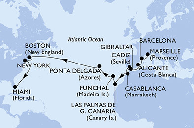 Francie, Španělsko, Velká Británie, Maroko, Portugalsko, USA z Marseille na lodi MSC Meraviglia