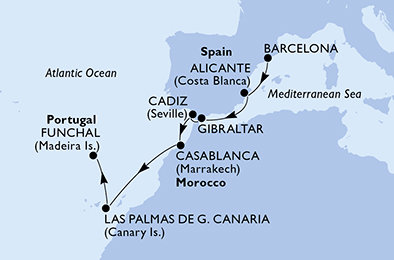 Španělsko, Velká Británie, Maroko, Portugalsko z Barcelony na lodi MSC Meraviglia