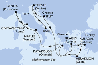 Itálie, Chorvatsko, Řecko, Turecko z Bari na lodi MSC Splendida