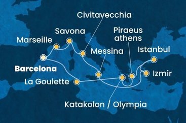 Španělsko, Francie, Itálie, Turecko, Řecko, Tunisko z Barcelony na lodi Costa Favolosa