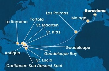 Španělsko, Guadeloupe, Svatý Martin, Dominikánská republika, Svatá Lucie, Antigua a Barbuda, Svatý Kryštof a Nevis, Britské Panenské ostrovy z Barcelony na lodi Costa Fascinosa