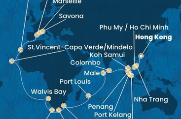 Čína, Vietnam, Thajsko, Singapur, Malajsie, Srí Lanka, Maledivy, Mauricius, Jihoafrická republika, Namibie, Kapverdy, Španělsko, Francie, Itálie z Hong Kongu na lodi Costa Deliziosa
