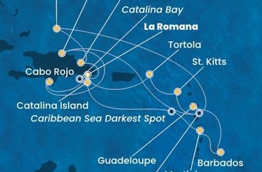 Dominikánská republika, Zámořské území Velké Británie, Martinik, Barbados, Guadeloupe, Svatý Kryštof a Nevis, Britské Panenské ostrovy z La Romany na lodi Costa Fascinosa