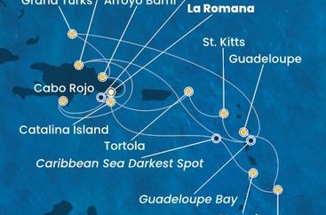 Dominikánská republika, Svatá Lucie, Barbados, Guadeloupe, Svatý Kryštof a Nevis, Britské Panenské ostrovy, Zámořské území Velké Británie z La Romany na lodi Costa Fascinosa