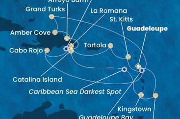 Guadeloupe, Svatý Kryštof a Nevis, Britské Panenské ostrovy, Dominikánská republika, Zámořské území Velké Británie, Svatý Vincenc a Grenadiny, Barbados z Pointe-à-Pitre na lodi Costa Fascinosa
