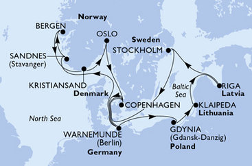 Německo, Polsko, Litva, Lotyšsko, Švédsko, Dánsko, Norsko z Warnemünde na lodi MSC Magnifica