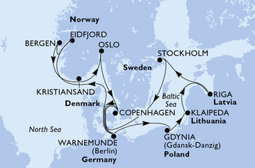 Německo, Norsko, Dánsko, Polsko, Litva, Lotyšsko, Švédsko z Warnemünde na lodi MSC Magnifica