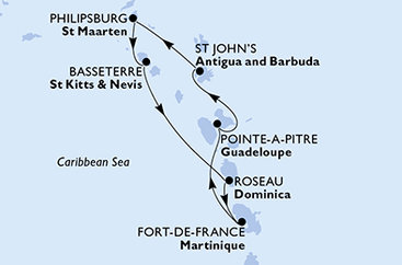 Martinik, Guadeloupe, Antigua a Barbuda, Svatý Martin, Svatý Kryštof a Nevis, Dominika z Fort-de-France na lodi MSC World Asia