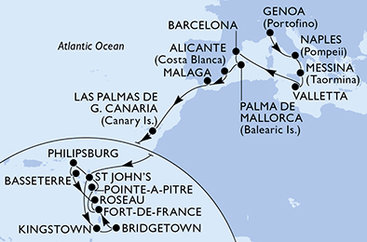 Itálie, Malta, Španělsko, Antigua a Barbuda, Svatý Vincenc a Grenadiny, Barbados, Martinik, Guadeloupe, Svatý Martin, Svatý Kryštof a Nevis, Dominika z Janova na lodi MSC World Asia