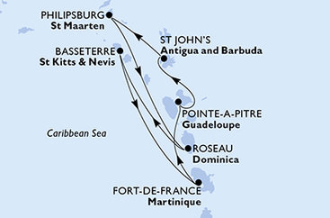 Guadeloupe, Antigua a Barbuda, Svatý Martin, Dominika, Svatý Kryštof a Nevis, Martinik z Pointe-à-Pitre na lodi MSC World Asia