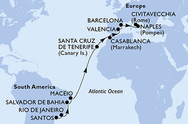 Brazílie, Španělsko, Maroko, Itálie ze Santosu na lodi MSC Divina