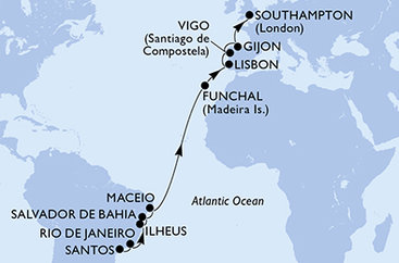 Brazílie, Portugalsko, Španělsko, Velká Británie ze Santosu na lodi MSC Meraviglia