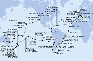 Itálie, Francie, Španělsko, Velká Británie, Maroko, Kapverdy, Brazílie, Argentina, Zámořské území Velké Británie, Chile, Francouzská Polynésie, Cookovy ostrovy, Nový Zéland, Austrálie, Nová Kaledonie, Vanuatu, Samoa, Americká Samoa, USA, Mexiko, Kostarika, , Panama, Dominikánská republika, Britské Panenské ostrovy, Svatý Martin z Civitavecchia na lodi MSC Magnifica