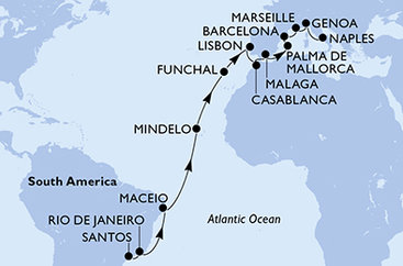 Brazílie, Kapverdy, Portugalsko, Maroko, Španělsko, Francie, Itálie ze Santosu na lodi MSC Seaview