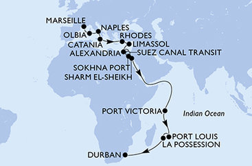 Francie, Itálie, Řecko, Kypr, Egypt, Seychely, Mauricius, Reunion, Jihoafrická republika z Marseille na lodi MSC Sinfonia