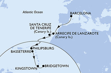 Španělsko, Svatý Martin, Svatý Kryštof a Nevis, Svatý Vincenc a Grenadiny, Barbados z Barcelony na lodi MSC World Europa