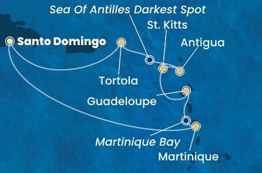 Dominikánská republika, Martinik, Guadeloupe, Svatý Kryštof a Nevis, Antigua a Barbuda, Britské Panenské ostrovy ze Santo Dominga na lodi Costa Favolosa