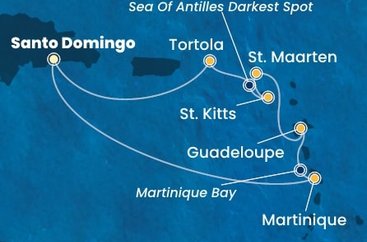 Dominikánská republika, Martinik, Guadeloupe, Svatý Martin, Svatý Kryštof a Nevis, Britské Panenské ostrovy ze Santo Dominga na lodi Costa Favolosa