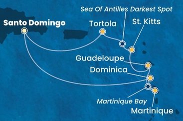 Dominikánská republika, Dominika, Martinik, Guadeloupe, Svatý Kryštof a Nevis, Britské Panenské ostrovy ze Santo Dominga na lodi Costa Favolosa