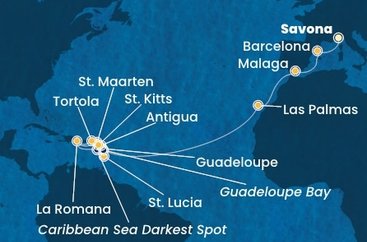 Itálie, Španělsko, Guadeloupe, Svatý Martin, Dominikánská republika, Svatá Lucie, Antigua a Barbuda, Svatý Kryštof a Nevis, Britské Panenské ostrovy ze Savony na lodi Costa Fascinosa