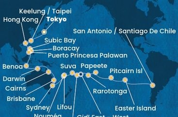 Japonsko, Tchaj-wan, Čína, Filipíny, Indonésie, Austrálie, Nová Kaledonie, Fidži, Tonga, , Cookovy ostrovy, Francouzská Polynésie, Zámořské území Velké Británie, Chile z Tokia na lodi Costa Serena