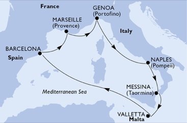 Španělsko, Francie, Itálie, Malta z Barcelony na lodi MSC World Europa