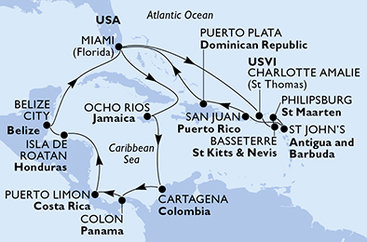 USA, Svatý Kryštof a Nevis, Svatý Martin, Antigua a Barbuda, Dominikánská republika, Jamajka, Kolumbie, Panama, Kostarika, Honduras, Belize z Miami na lodi MSC Poesia