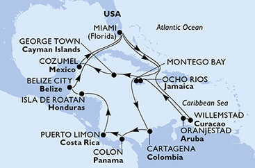 USA, Curacao, Aruba, Jamajka, Kajmanské ostrovy, Mexiko, Kolumbie, Panama, Kostarika, Honduras, Belize z Miami na lodi MSC Poesia