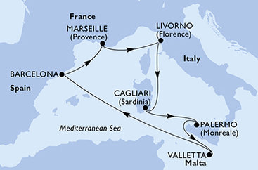 Španělsko, Francie, Itálie, Malta z Barcelony na lodi MSC Splendida