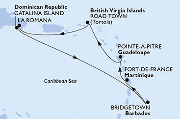 Dominikánská republika, Barbados, Martinik, Guadeloupe, Britské Panenské ostrovy z La Romany na lodi MSC Opera