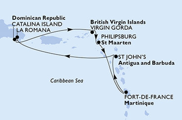 Dominikánská republika, Zámořské území Velké Británie, Svatý Martin, Martinik, Antigua a Barbuda z La Romany na lodi MSC Opera