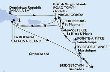 Barbados, Martinik, Guadeloupe, Britské Panenské ostrovy, Dominikánská republika, Zámořské území Velké Británie, Svatý Kryštof a Nevis, Svatý Martin z Bridgetownu na lodi MSC Opera