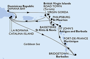Dominikánská republika, Zámořské území Velké Británie, Svatý Kryštof a Nevis, Svatý Martin, Barbados, Martinik, Antigua a Barbuda, Britské Panenské ostrovy z La Romany na lodi MSC Opera