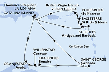 Dominikánská republika, Aruba, Curacao, Bonaire, Grenada, Zámořské území Velké Británie, Svatý Martin, Svatý Kryštof a Nevis, Antigua a Barbuda z La Romany na lodi MSC Opera